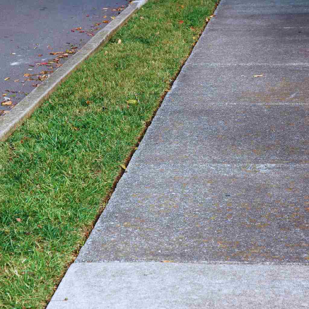 Concrete sidewalk with a raised curb and no ramp transition to the street, highlighting a common ADA violation in pedestrian pathways.