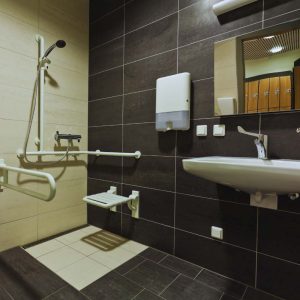 Accessible California bathroom showing compliant grab bars, fold-down shower seat, reachable fixtures, and required sink clearances used to demonstrate ADA and Title 24 dimensional standards.