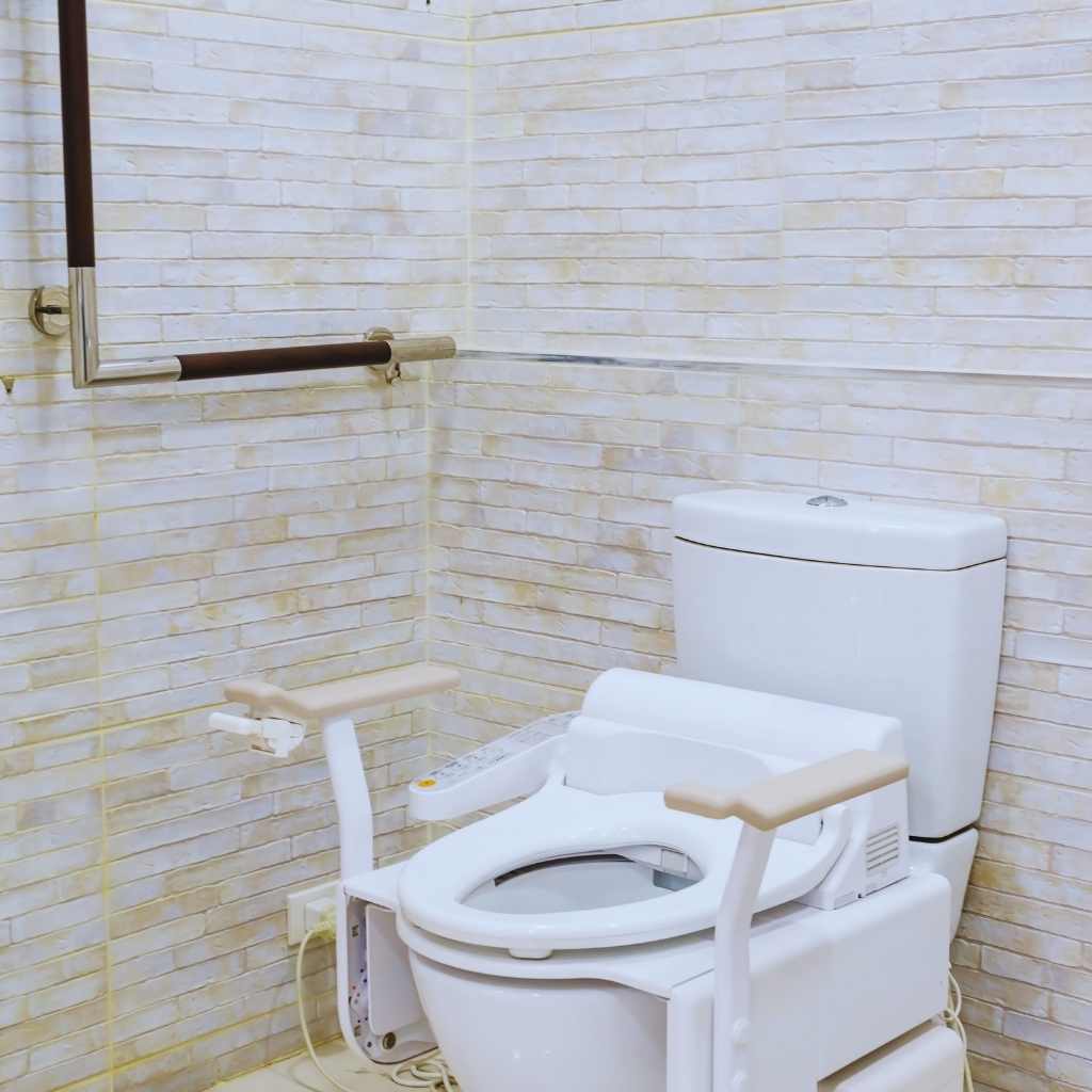 Toilet equipped with fold-down assistive rails and a horizontal grab bar mounted on the wall, demonstrating support features often added in bathrooms that need safer transfers for users with limited mobility.