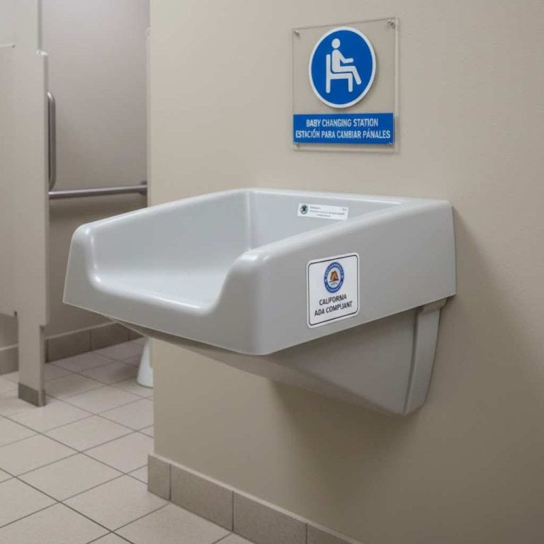 A wall-mounted baby changing station labeled "California ADA Compliant," installed in a tiled public restroom with accessibility signage above.