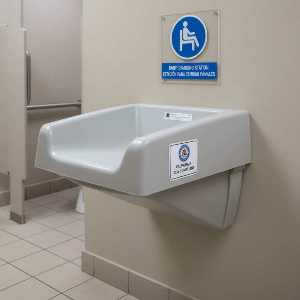 A wall-mounted baby changing station labeled "California ADA Compliant," installed in a tiled public restroom with accessibility signage above.