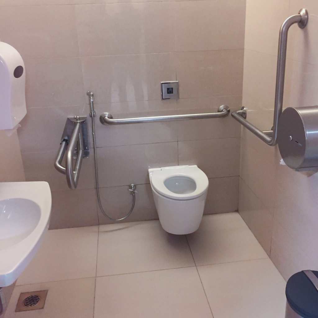 Accessible restroom with a wall-mounted toilet, continuous side and rear grab bars, handheld bidet hose, and clear floor space showing typical ADA and Title 24 mounting placement.