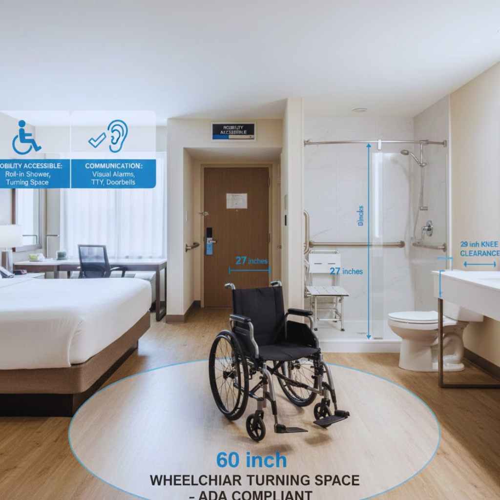 Mobility accessible hotel guest room showing bathroom clearances, roll in shower, and wheelchair turning space under ADA standards