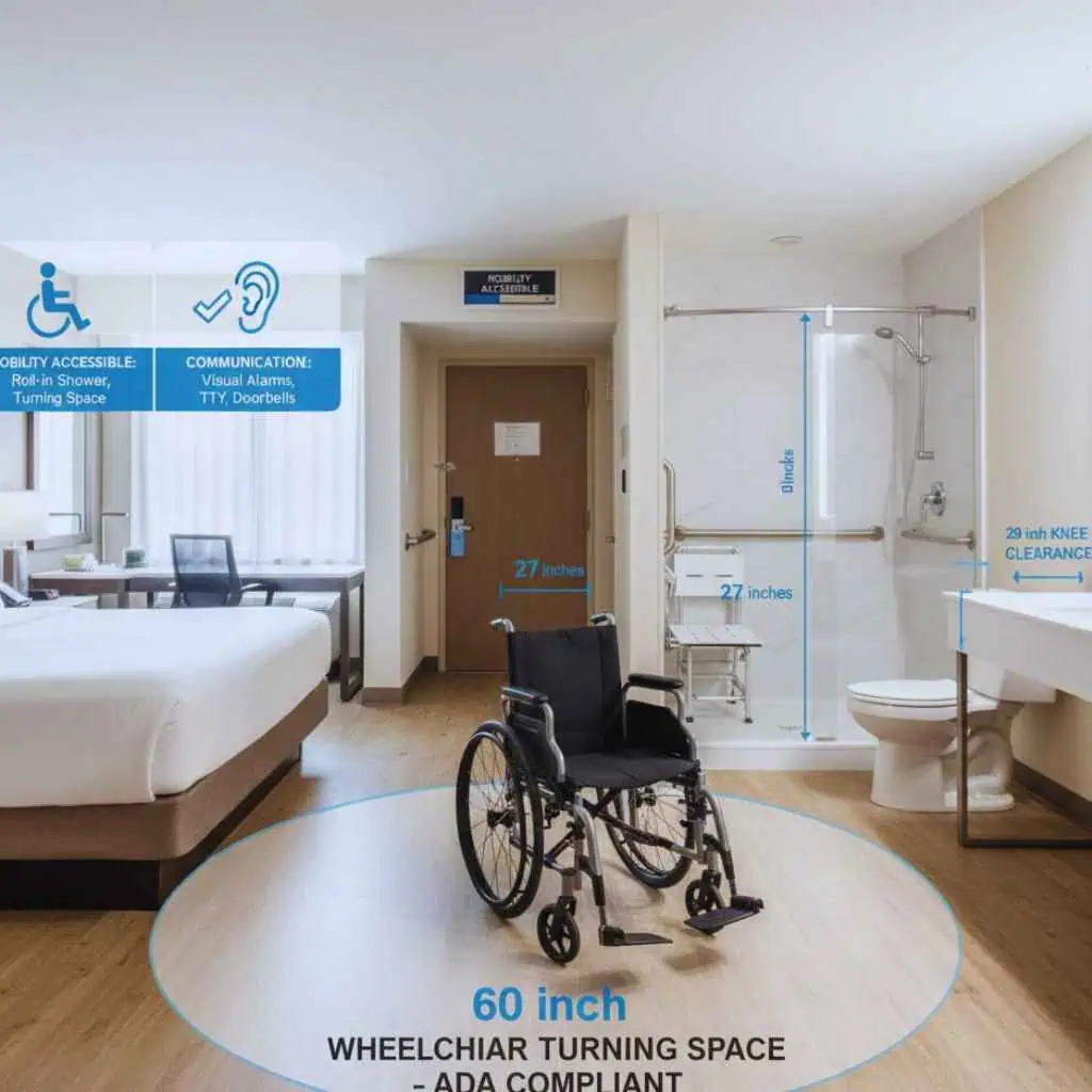Mobility accessible hotel guest room showing bathroom clearances, roll in shower, and wheelchair turning space under ADA standards