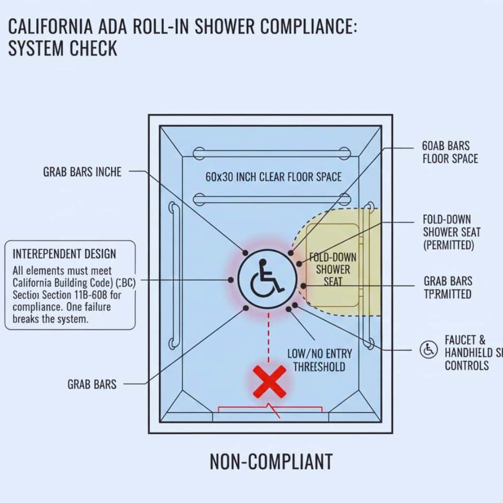Schematic showing how shower size, entry, clear floor space, seat, grab bars, and controls must work together for ADA compliance in California