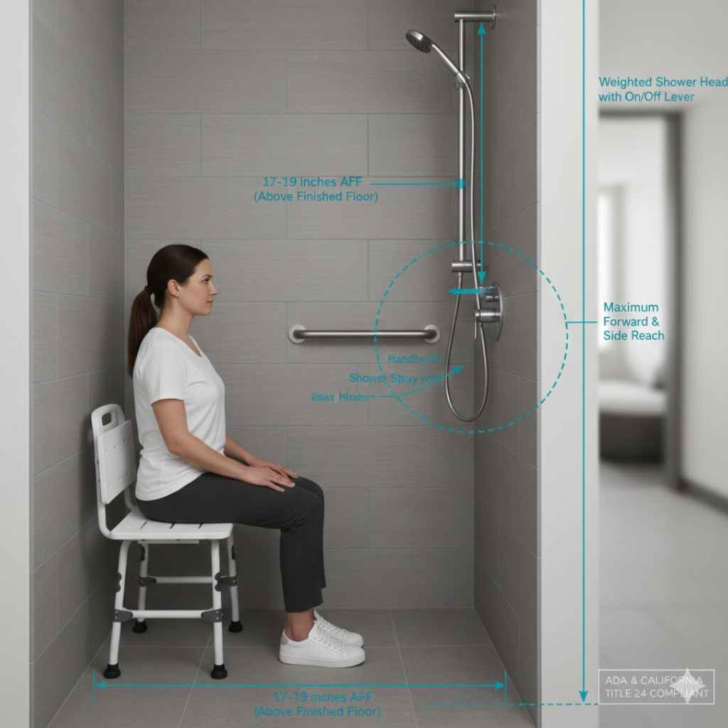 Accessible hotel shower showing seated reach to controls, handheld spray, and compliant shower seat height under ADA and Title 24