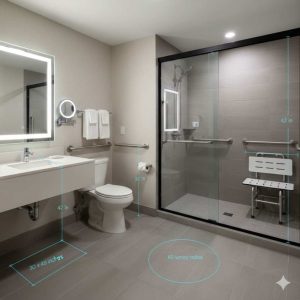 Accessible hotel guest room bathroom with roll in shower, grab bars, and clear floor space measured for ADA and California Title 24 compliance