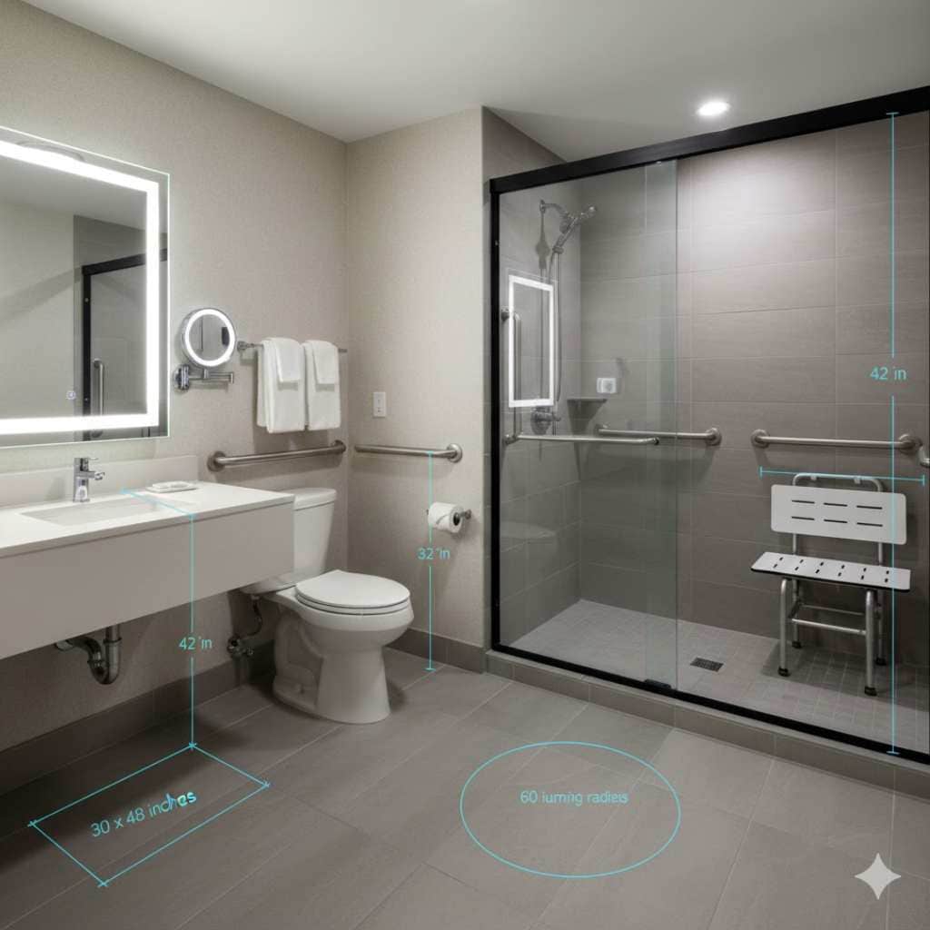 Accessible hotel guest room bathroom with roll in shower, grab bars, and clear floor space measured for ADA and California Title 24 compliance