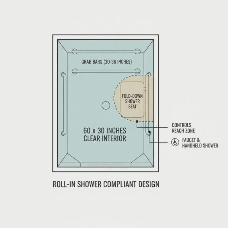 Diagram showing roll-in shower dimensions, seat location, grab bars, and control reach zones under ADA and California Title 24