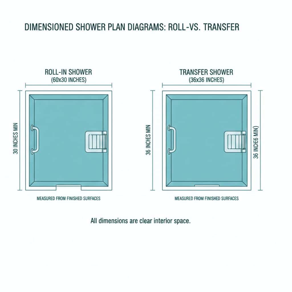 Plan diagrams showing roll-in shower interior size 60 by 30 inches and transfer shower interior size 36 by 36 inches measured from finished surfaces