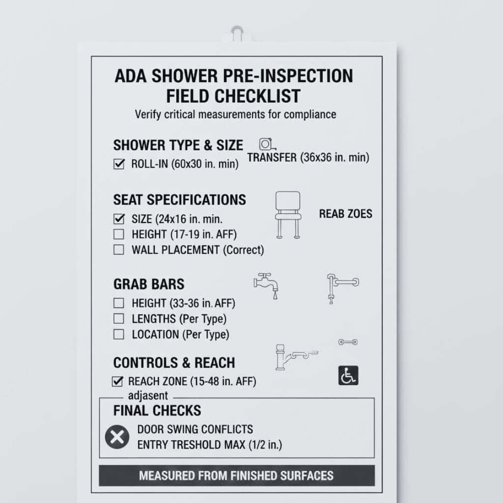 Field checklist showing key pre-inspection measurements for ADA showers including interior size, seat specs, grab bar height, control reach, clear floor space, and door swing conflicts