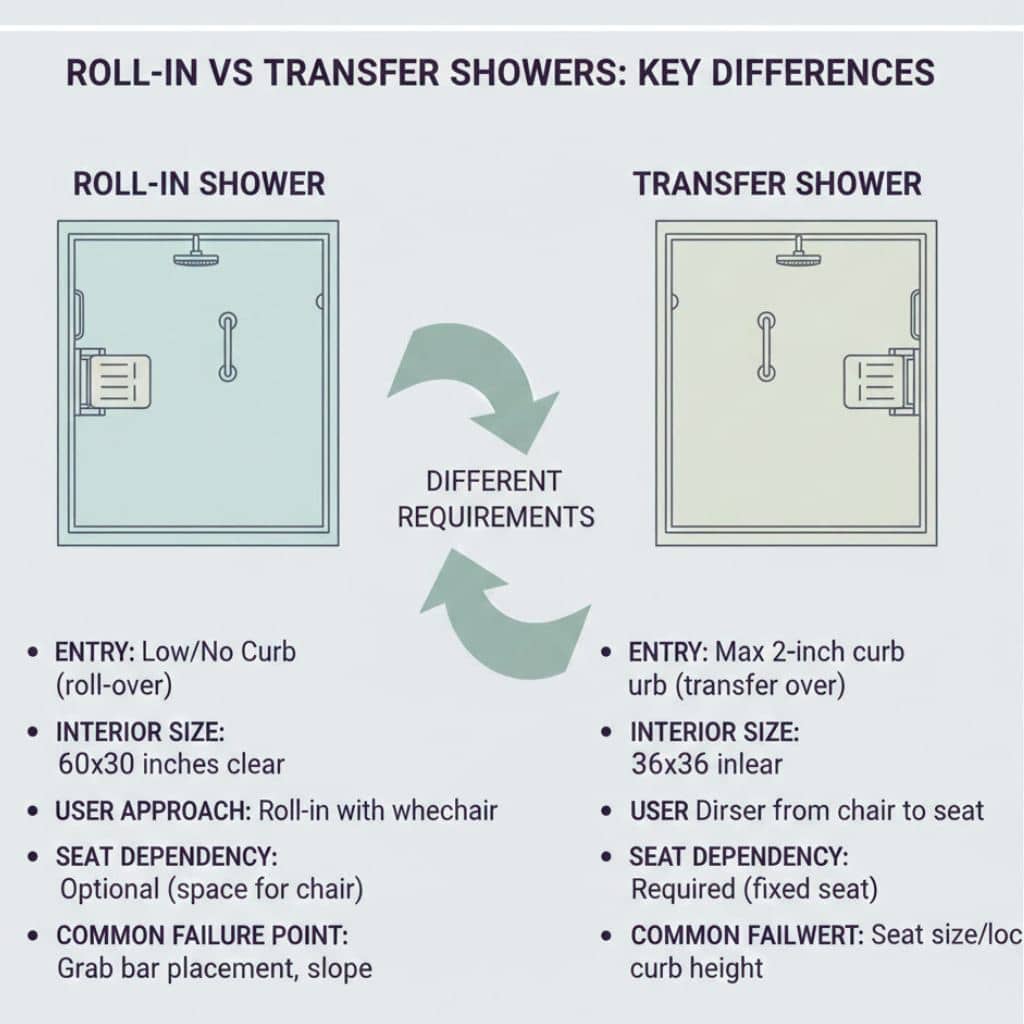 Side-by-side diagram comparing roll-in and transfer showers, including entry type, minimum dimensions, seat use, and inspection risks