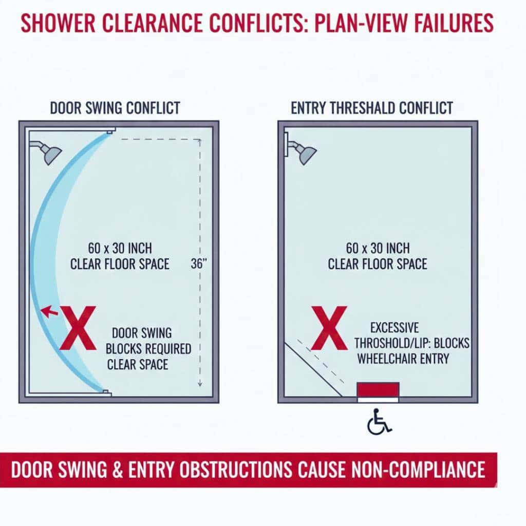 Plan diagram showing door swing and threshold conflicts that can block required clear floor space and fail California Title 24 even when fixtures look compliant
