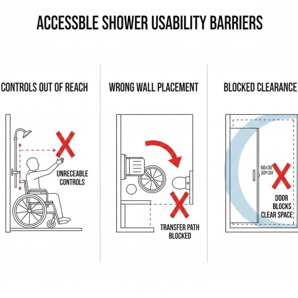 Diagram showing common usability barriers in accessible showers such as unreachable controls, incorrect seat wall placement, and blocked clearance zones
