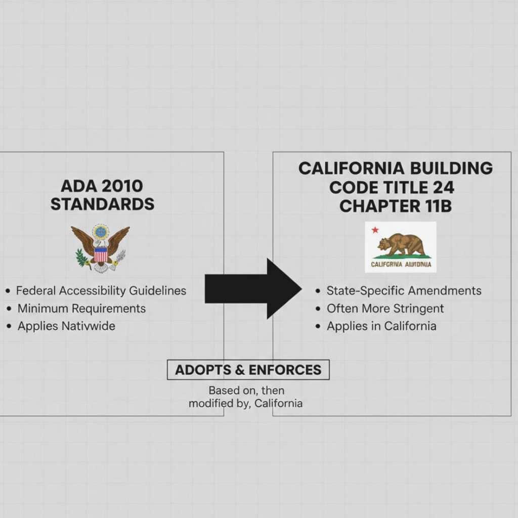 Graphic showing how ADA 2010 standards are applied in California through Title 24 Chapter 11B for toilet and grab bar requirements