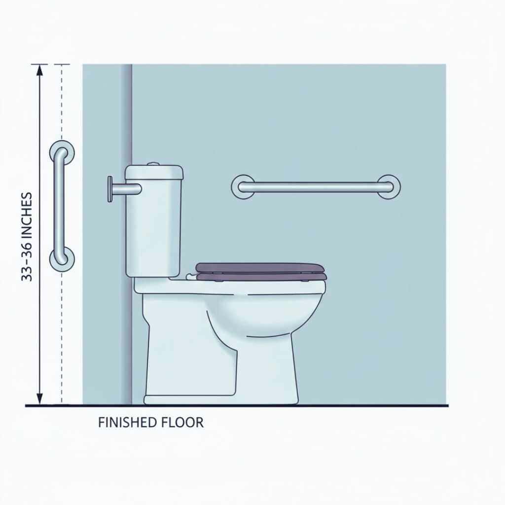 Diagram showing side and rear grab bars mounted 33 to 36 inches above the finished floor at an accessible toilet