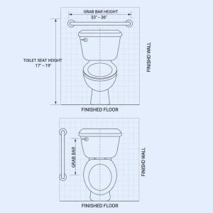 Diagram showing ADA toilet seat height and grab bar height measured from finished floor and toilet centerline in a California restroom