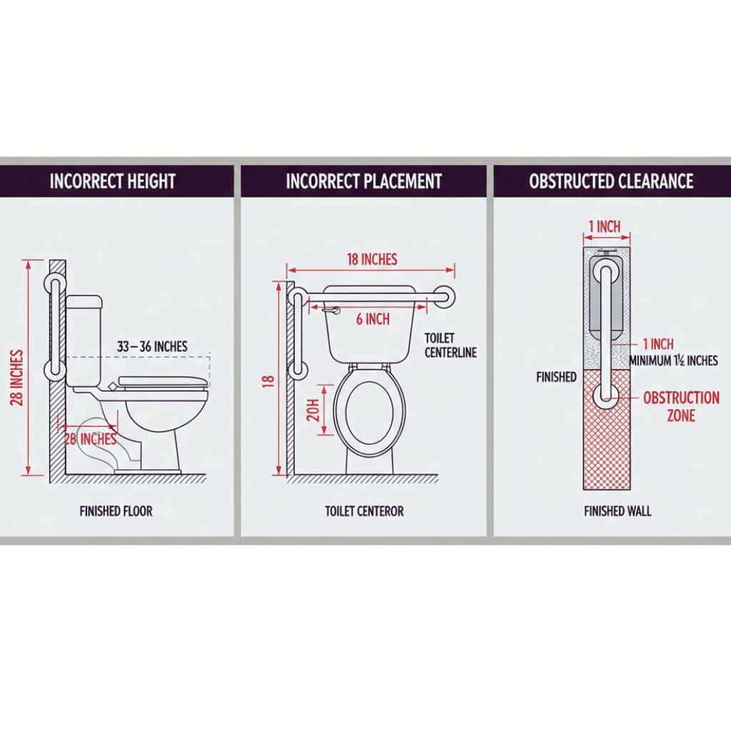 Examples of commonly documented toilet and grab bar conditions involving height, placement, and clearance during inspections
