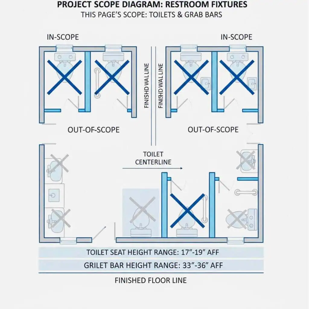 Diagram highlighting toilets and grab bars while excluding sinks, showers, and circulation paths from this page’s scope