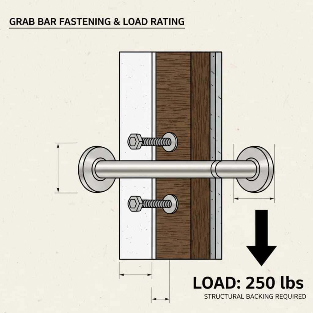Cutaway diagram showing grab bar attachment to structural backing designed to resist 250 pounds of force